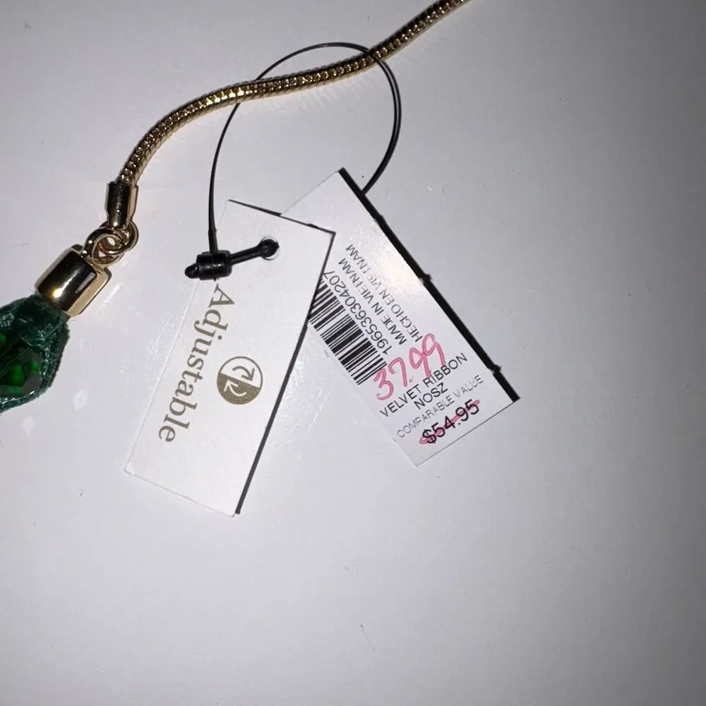 Chicos Green Velvet Ribbon & Gemstone Adjustable Necklace New Gold Tone Hardware